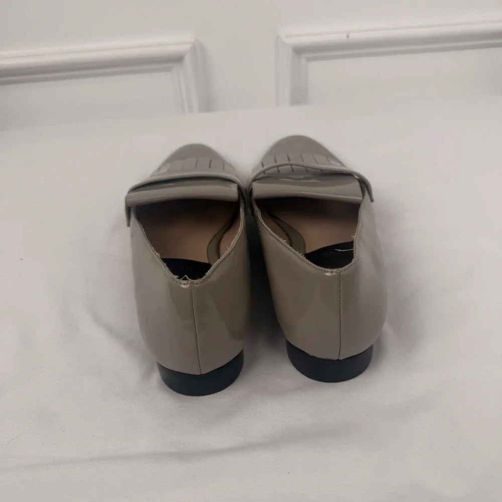 Mango MNG Taupe Grey Patent Kiltie Fringe Loafers Almond Toe‎ Flats EU 37
